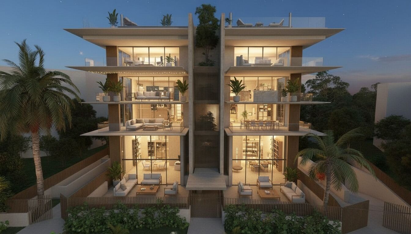 Gestates residential development at dusk
